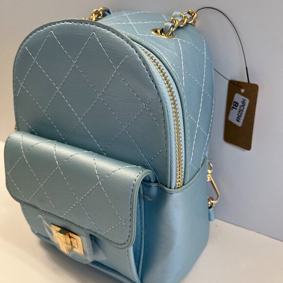 Quilted Puffer Backpack in Shiny Sky / Baby Blue W/ Gold Rope Straps - NWT - Picture 3 of 8